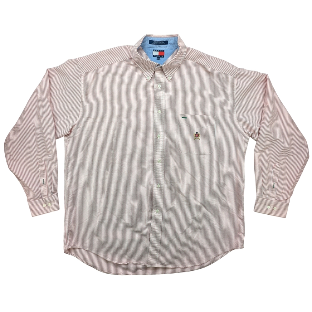 Tommy Hilfiger Shirt Mens XL Red White Striped Button Down Crest Logo Classic